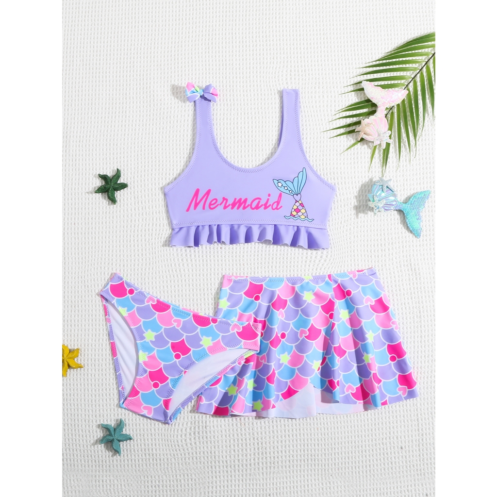 HT VEST - CONJUNTO FEMININO DE PRAIA INFANTIL DE TRÊS PEÇAS COM SAIA ESTAMPA DE SEREIA - I3045
