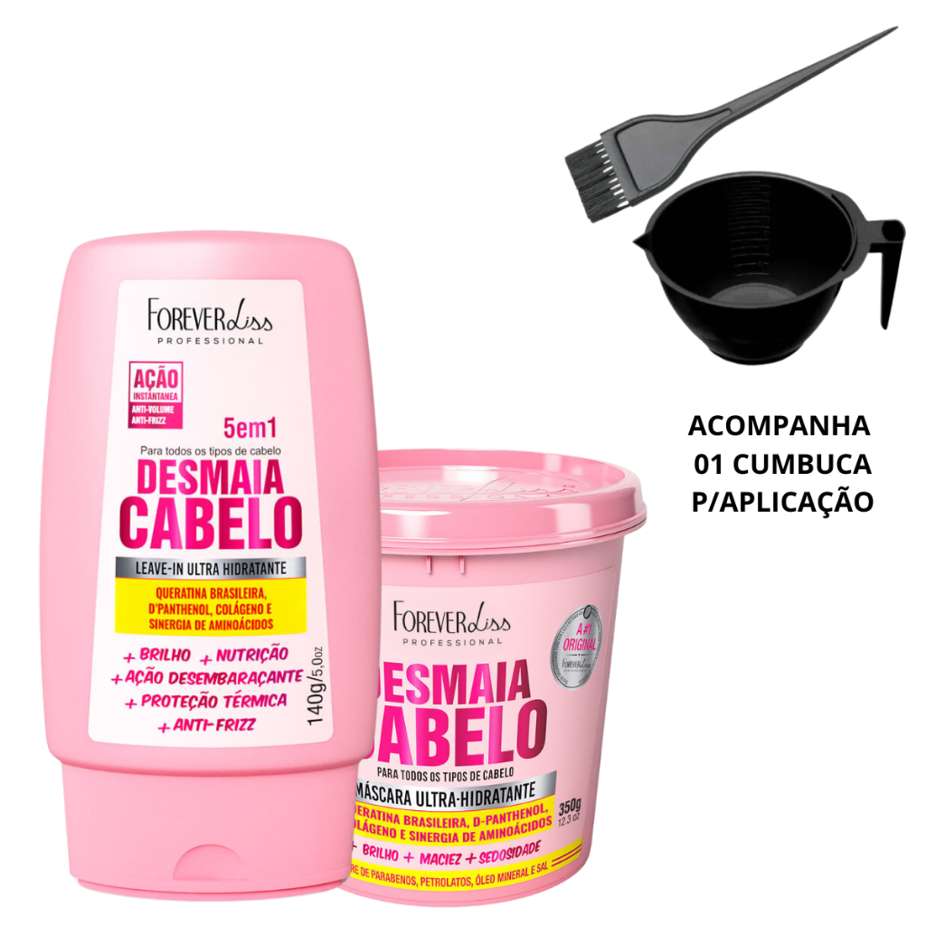 Leave In Proteção Térmica Forever Liss Desmaia Cabelo 140g + Máscara Desmaia Cabelo 350g + Cumbuca