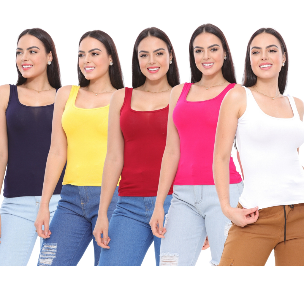 KIT 5 Regata Alça Larga Feminina Viscose Com Elastano Regatinha Basica Super Confortavel