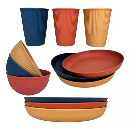 Kit Completo 18 Peças Fibra de Bambu e Pp Pratos - Bowl - Copo Colorido Stripes Lyor