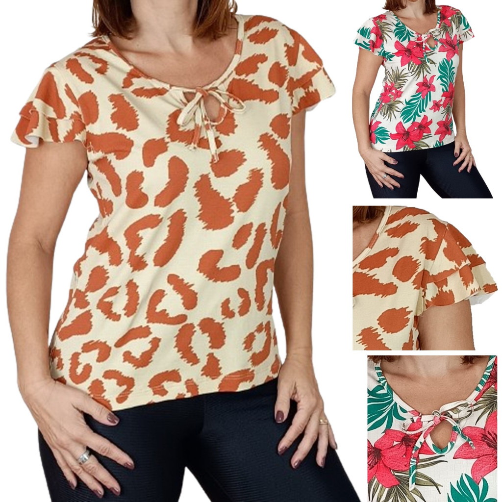 Blusa Feminina Manga Babado Animal Print Florida Viscolycra Laço em Viscolycra Manga Princesa