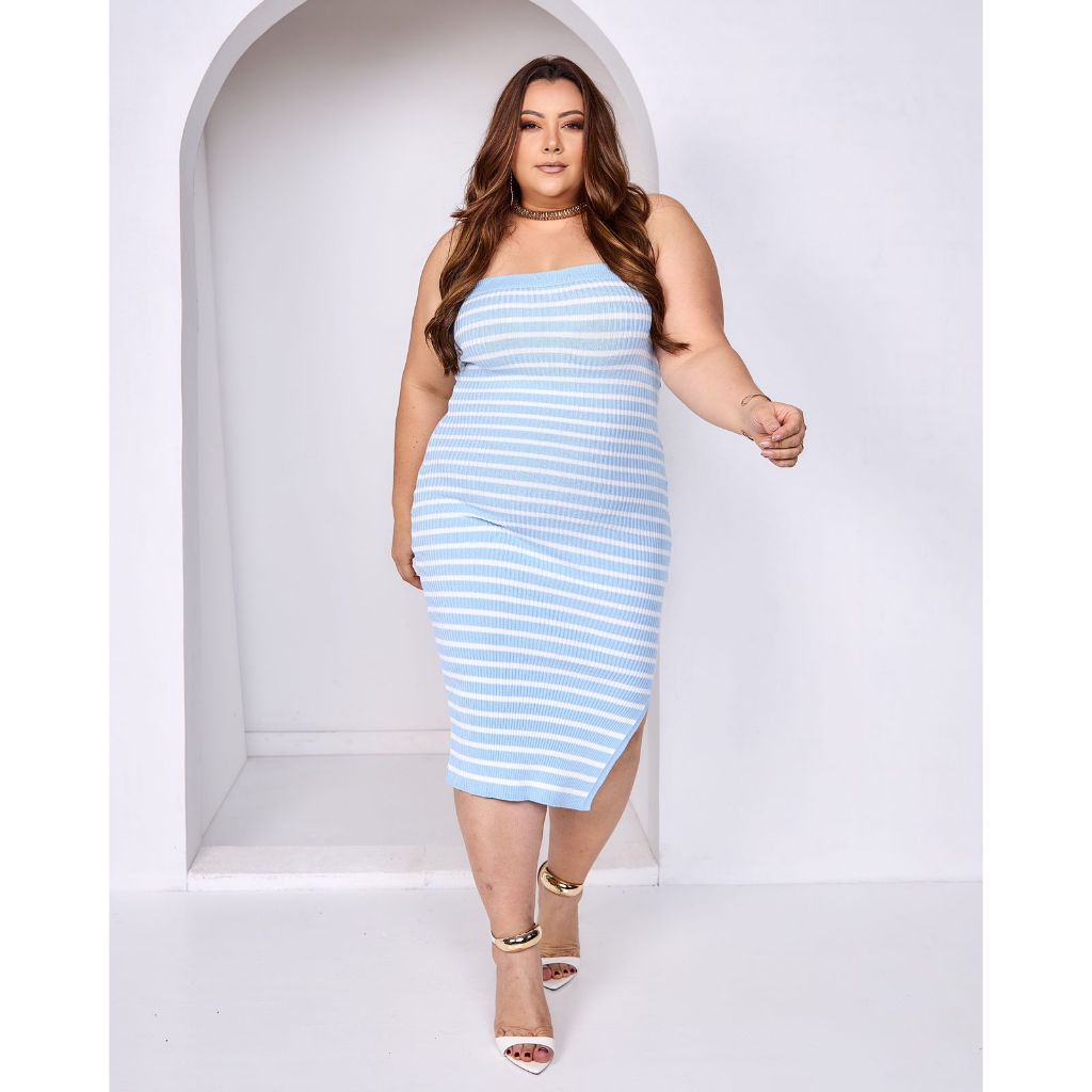 Vestido Midi Plus Size Tomara Que Caia de Tricot Canelado Modal Listrado