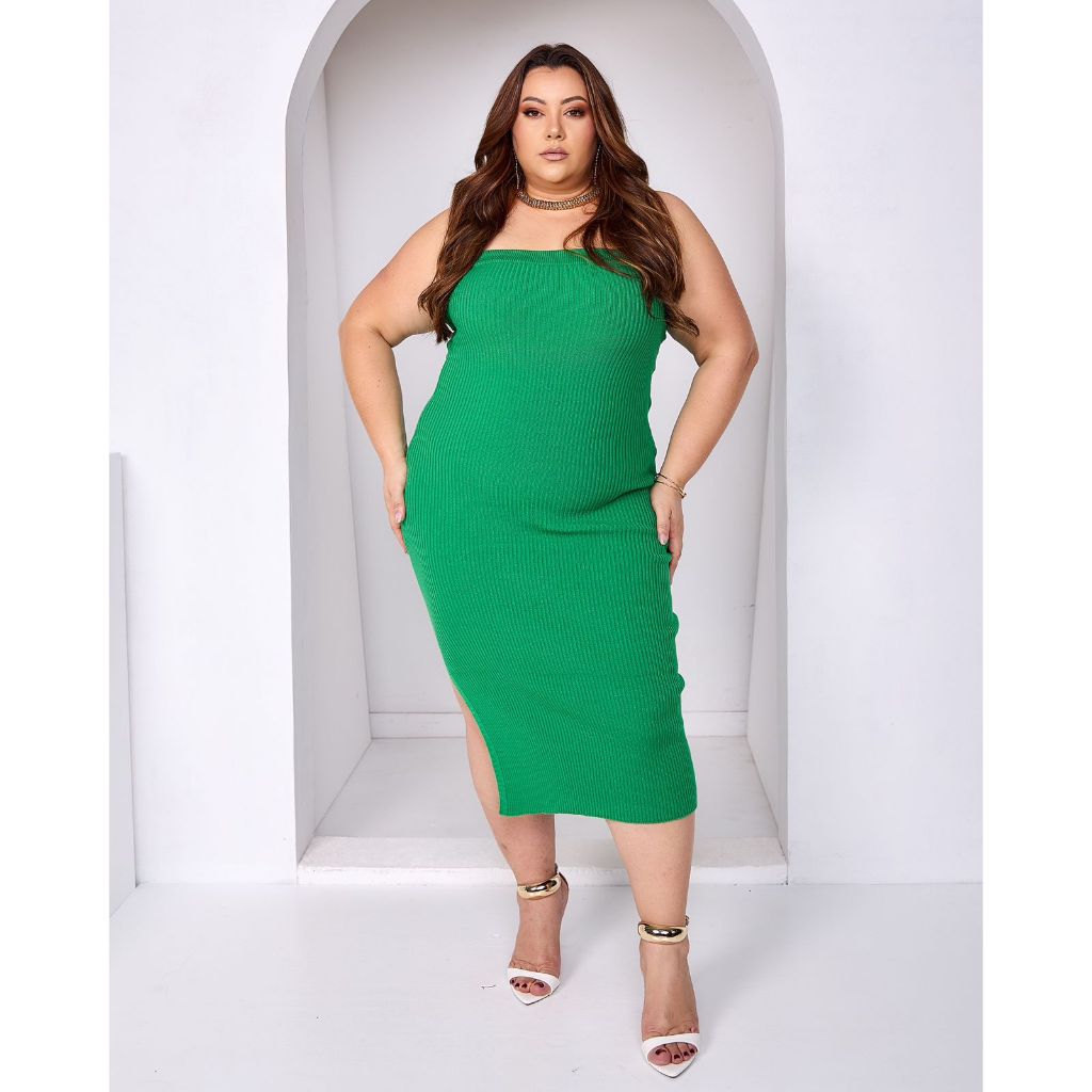 Vestido Midi Plus Size Tomara Que Caia de Tricot Canelado Modal Liso