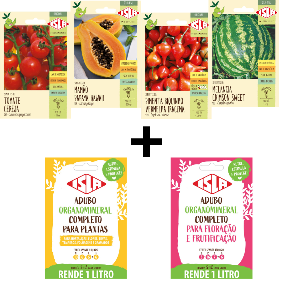 Kit 4 Sementes + 2 Adubo Liquido Verduras Legumes e Frutas para Plantação ISLA