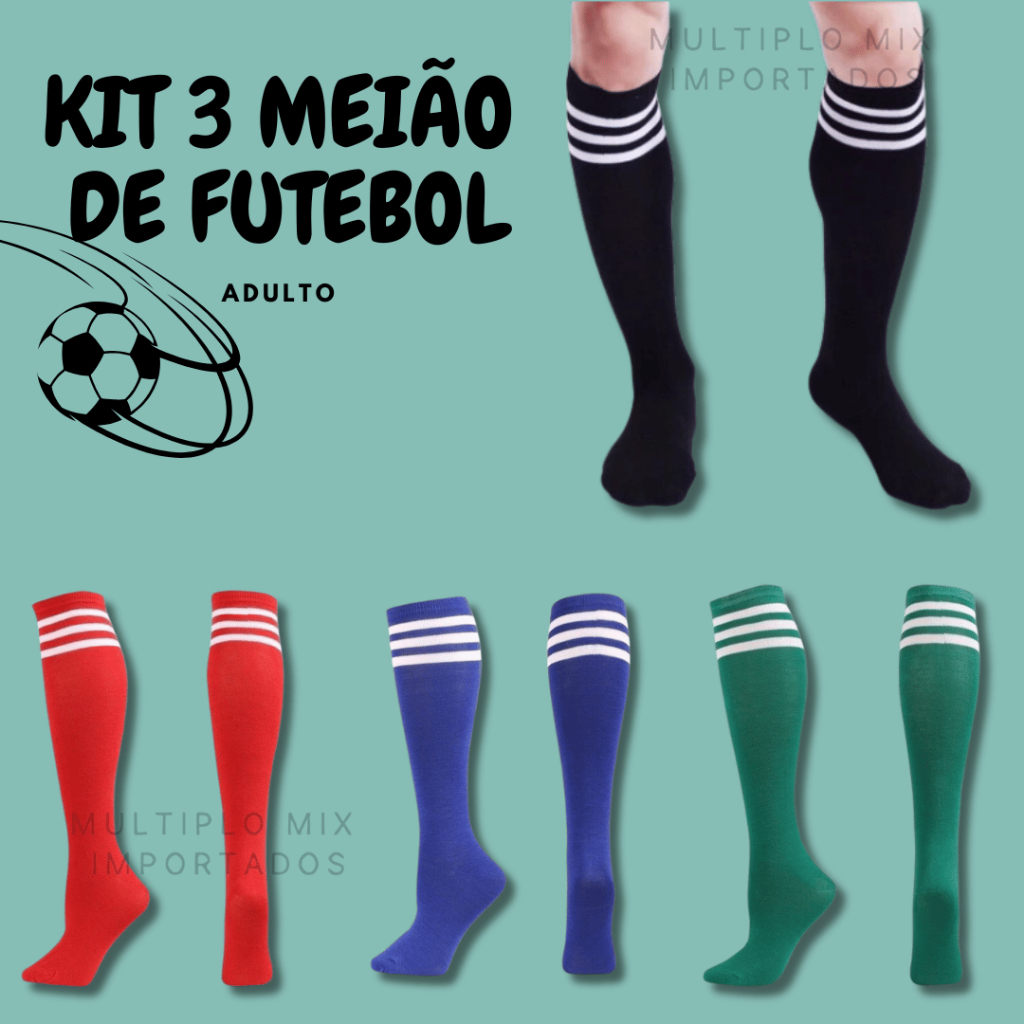 Kit 3 Meiões Adulto de Futebol Cano Alto Listras Esportivo Atividade Física