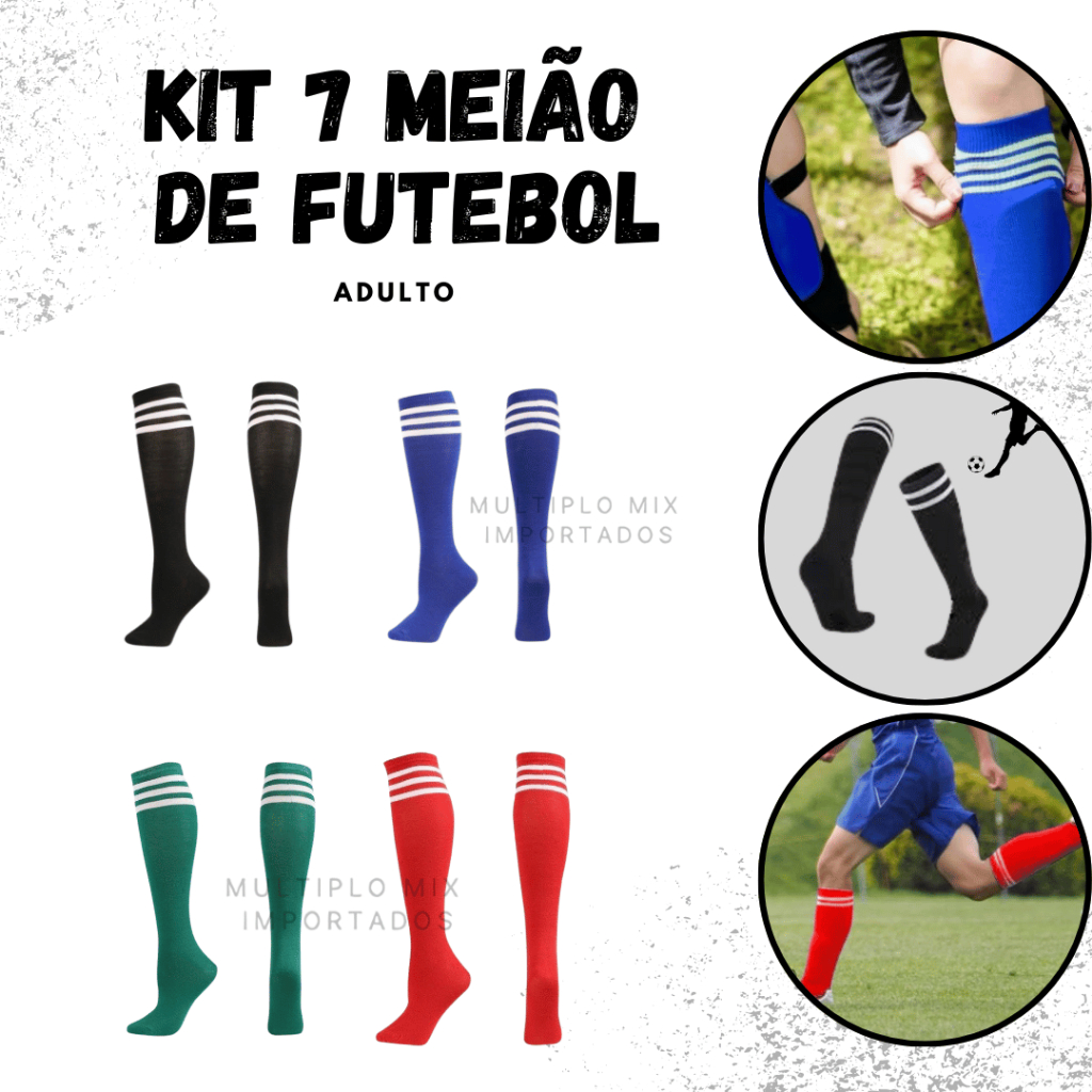Kit Com 7 Meião de Futebol Adulto Listras Esporte Cano Longo Esportivo