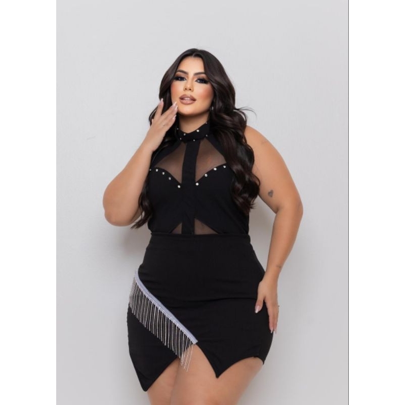 CONJUNTO CROPED+SHORT SAIA franja MODA MIDSIZE PLUS SIZE FEMININA Ref luxo 3481 — imagem 2 de 2