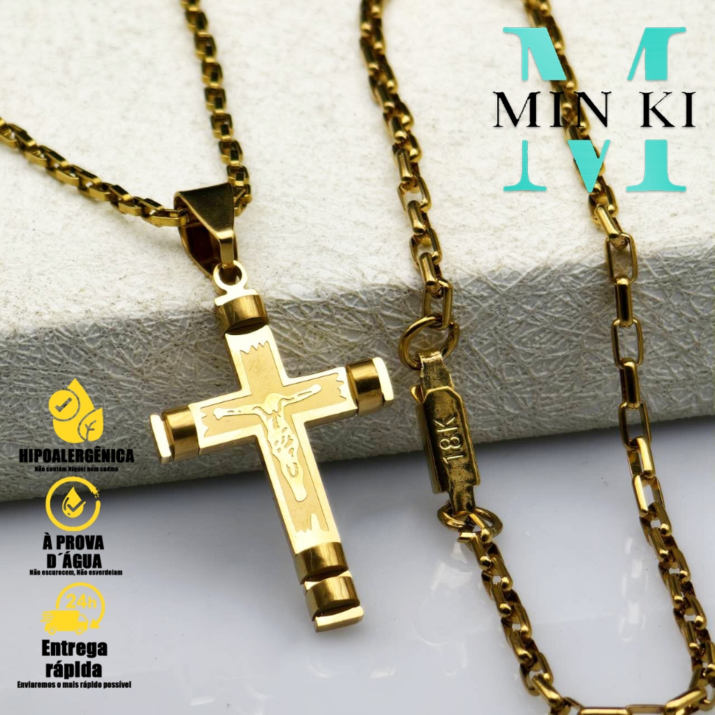 Kit Corrente Pulseira e Pingente homens mulheres Cruz Banhado a Ouro 18K com Detalhe em Moeda Antiga em Oferta na Shopee