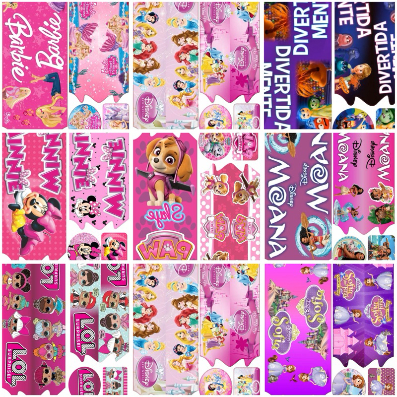 Cartela Adesivos Personagens Para Bicicleta Infantil Barbie,Divertidamente,Moana,Princesas,Minnie, Skye, Lol,Princ Sofia