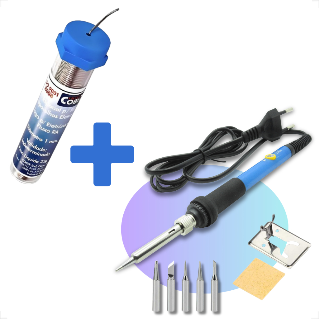Kit Ferro De Solda Com Regulagem De Temperatura + Suporte + esponja de limpeza + 5 ponteir...