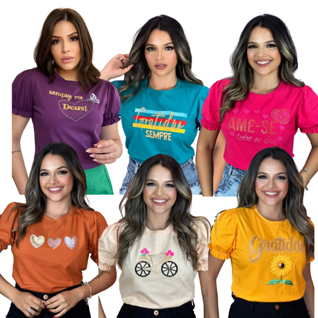 Blusas Coleção Moderna: 6 Camisetas T-shirt Manga Bufante em Algodão Fio 30 – Diversos Modelos