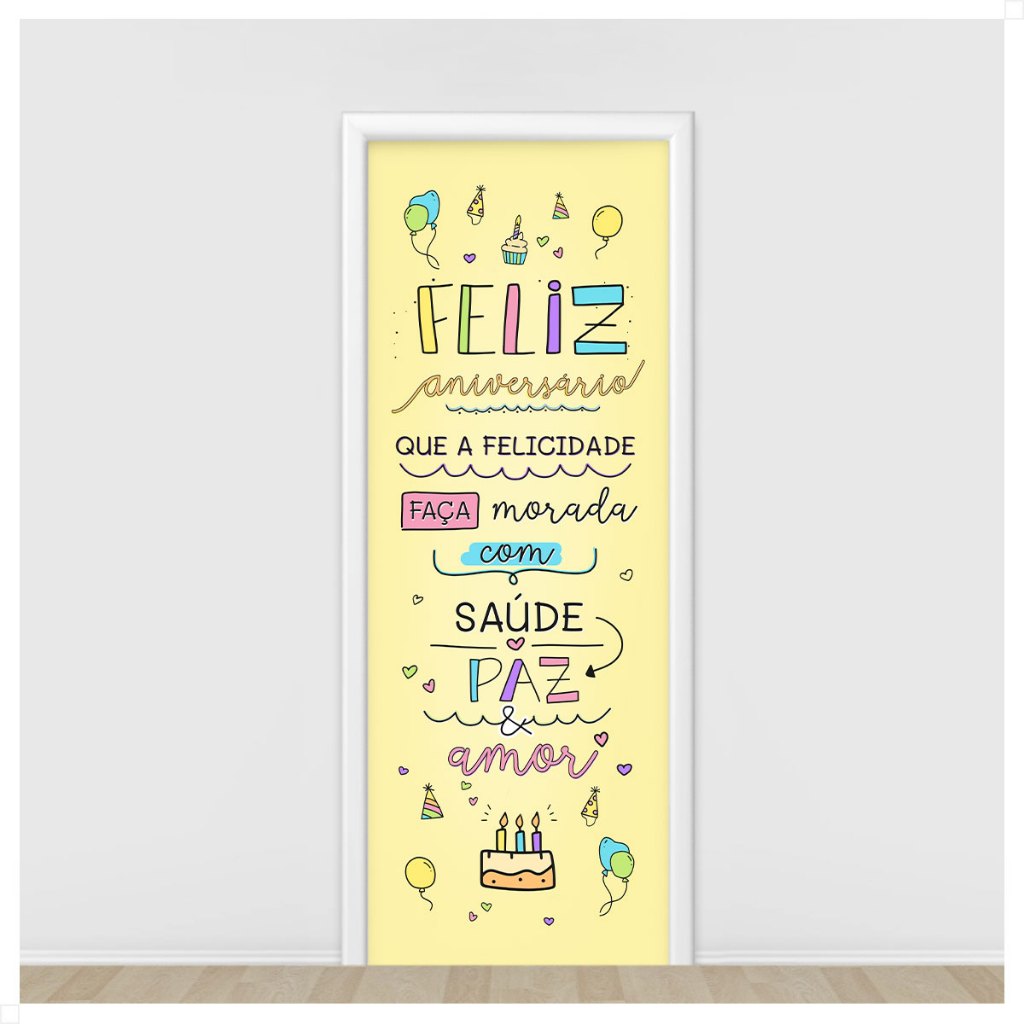 Capa de Porta Decorativa de Feliz Aniversário em Tecido com Elástico 0,85x2,10m