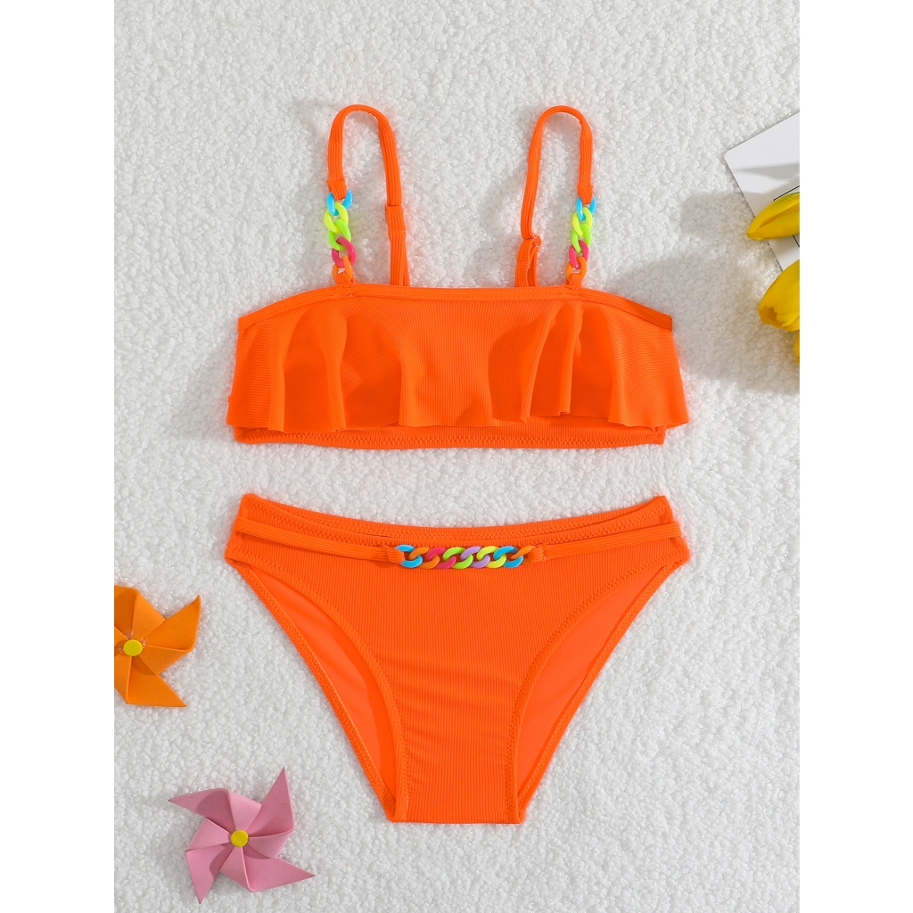 CN VEST - CONJUNTO DE PRAIA INFANTIL FEMININO COM BABADINHOS E DETALHES COLORIDOS DE CORRENTE - I3078