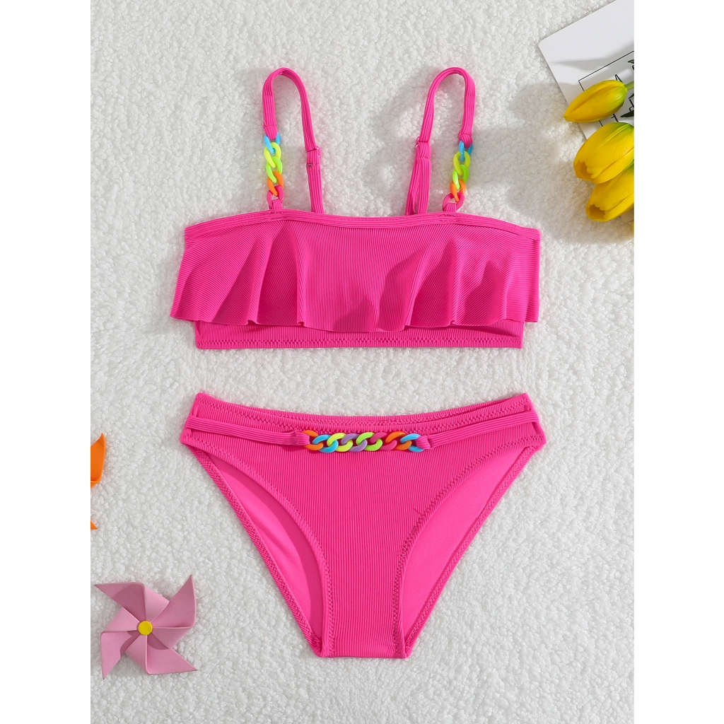 WD VEST - CONJUNTO DE PRAIA INFANTIL FEMININO COM BABADINHOS E DETALHES COLORIDOS DE CORRENTE - I3078