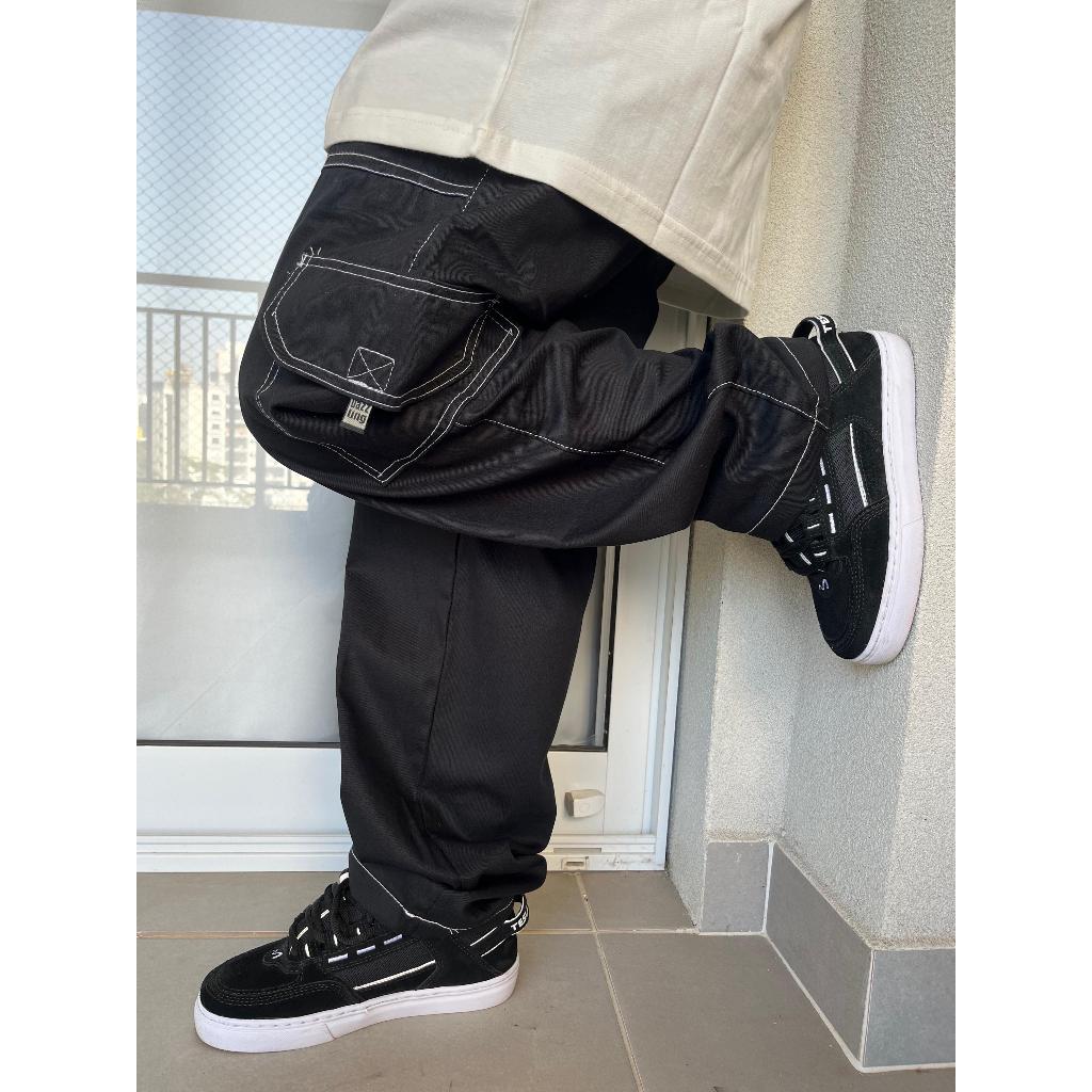 Calça cargo DAZZLING ORIGINAL preta com costura branca overzise moda masculina