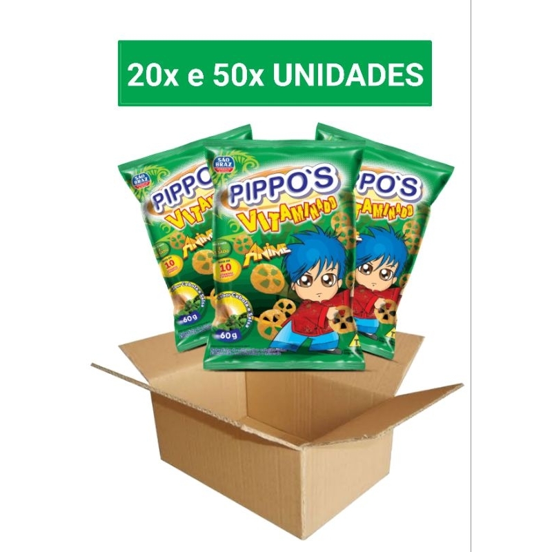 KIT com 20 ou 50 unidades de salgadinhos Pippo's Vitaminado de Cebola e Salsa 60g da São Braz.