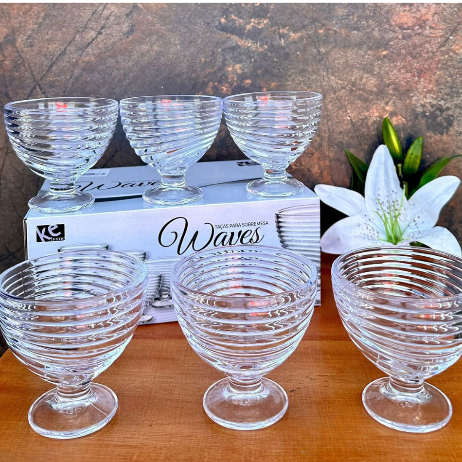 Conjunto 6 Canecas C/Pé  Taças de Sobremesa Transparente de Vidro Cristal Waves 300ML Ke