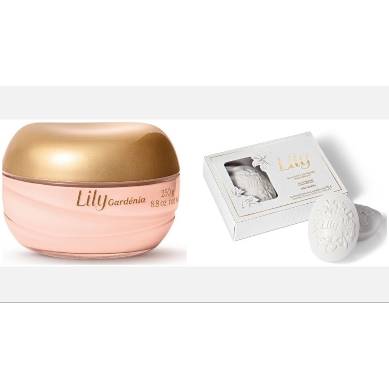 kit  Creme acetinado Lily Gardênia 250g + Caixa  de Sabonete em barra  Lily Tradicional 2x 90g Lançamento o Boticário