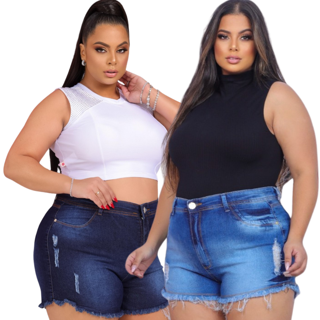 KIT 2 Shorts Jeans Plus Size Cintura Alta Hot Paint - Bermuda Feminina Com Lycra casual Feminino
