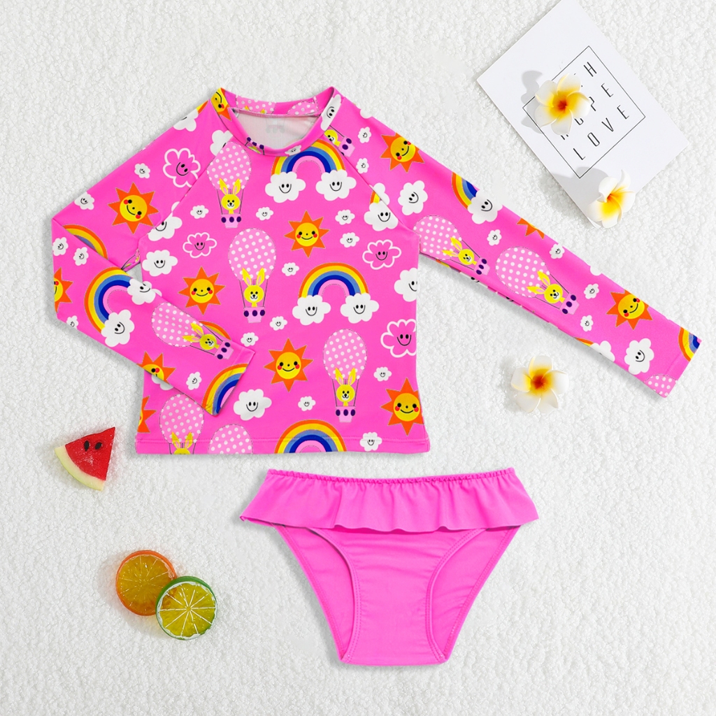 HT VEST - CONJUNTO DE PRAIA FEMININO INFANTIL PARA BEBÊS ESTAMPA FELIZ COELHOS E ARCO-IRIS - B3008