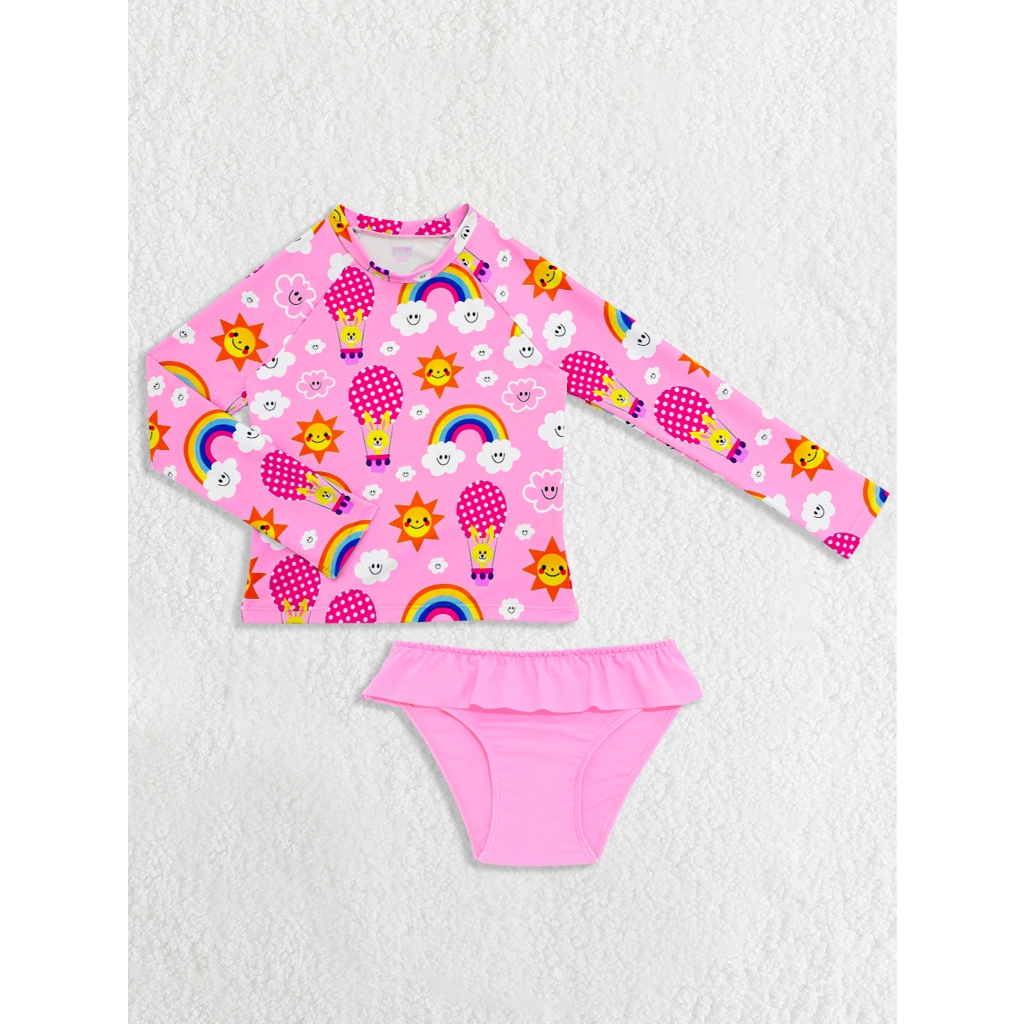 WD VEST - CONJUNTO DE PRAIA FEMININO INFANTIL PARA BEBÊS ESTAMPA FELIZ COELHOS E ARCO-IRIS - B3008