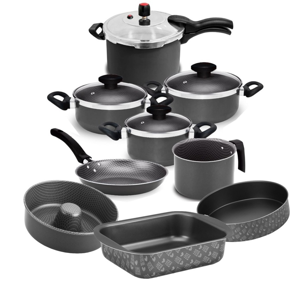 Jogo Panelas + Panela de Pressão Externa 4,5L + Formas Antiaderentes 9 Pçs