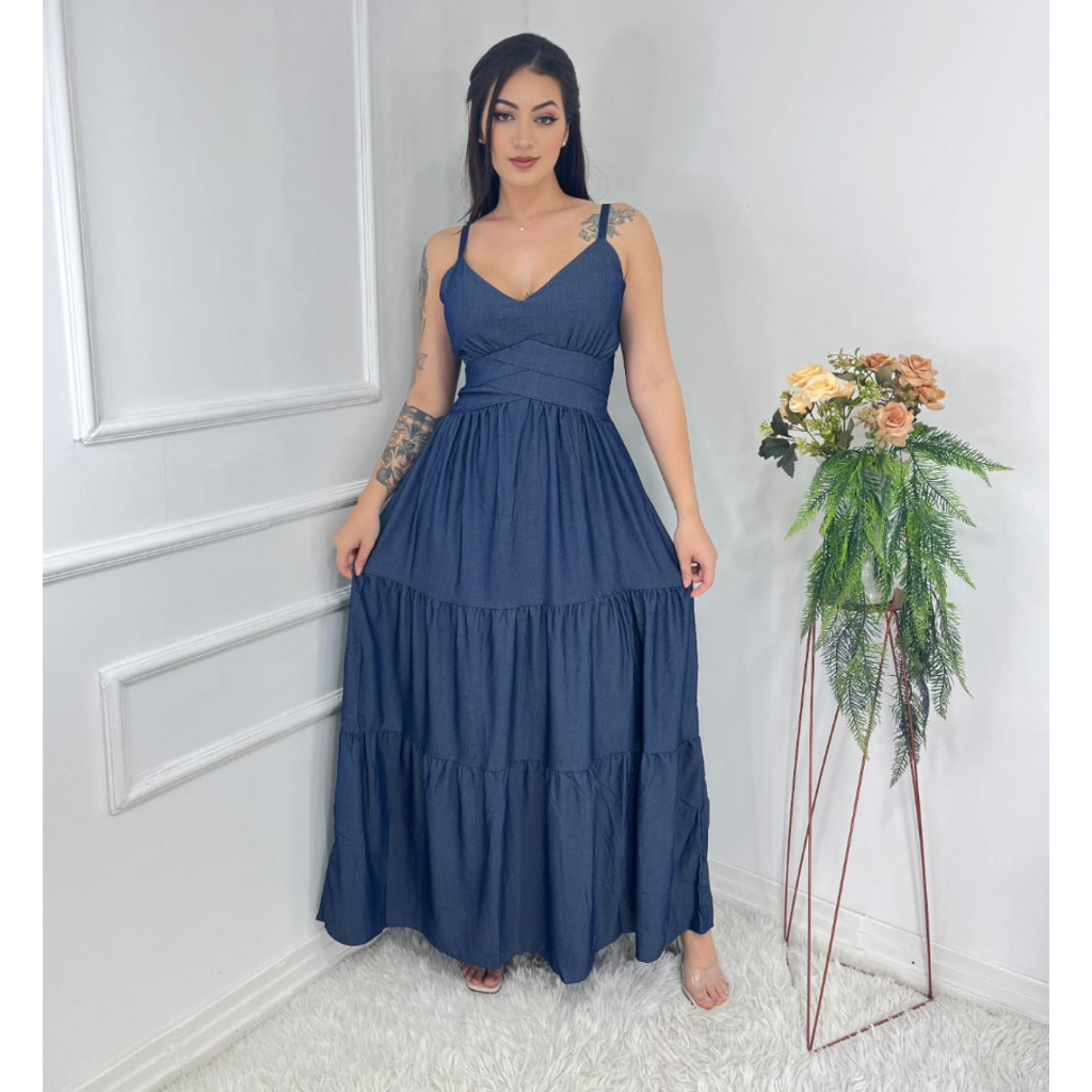 Vestido longo luxo chambray imitação jeans de alça detalhes na cintura