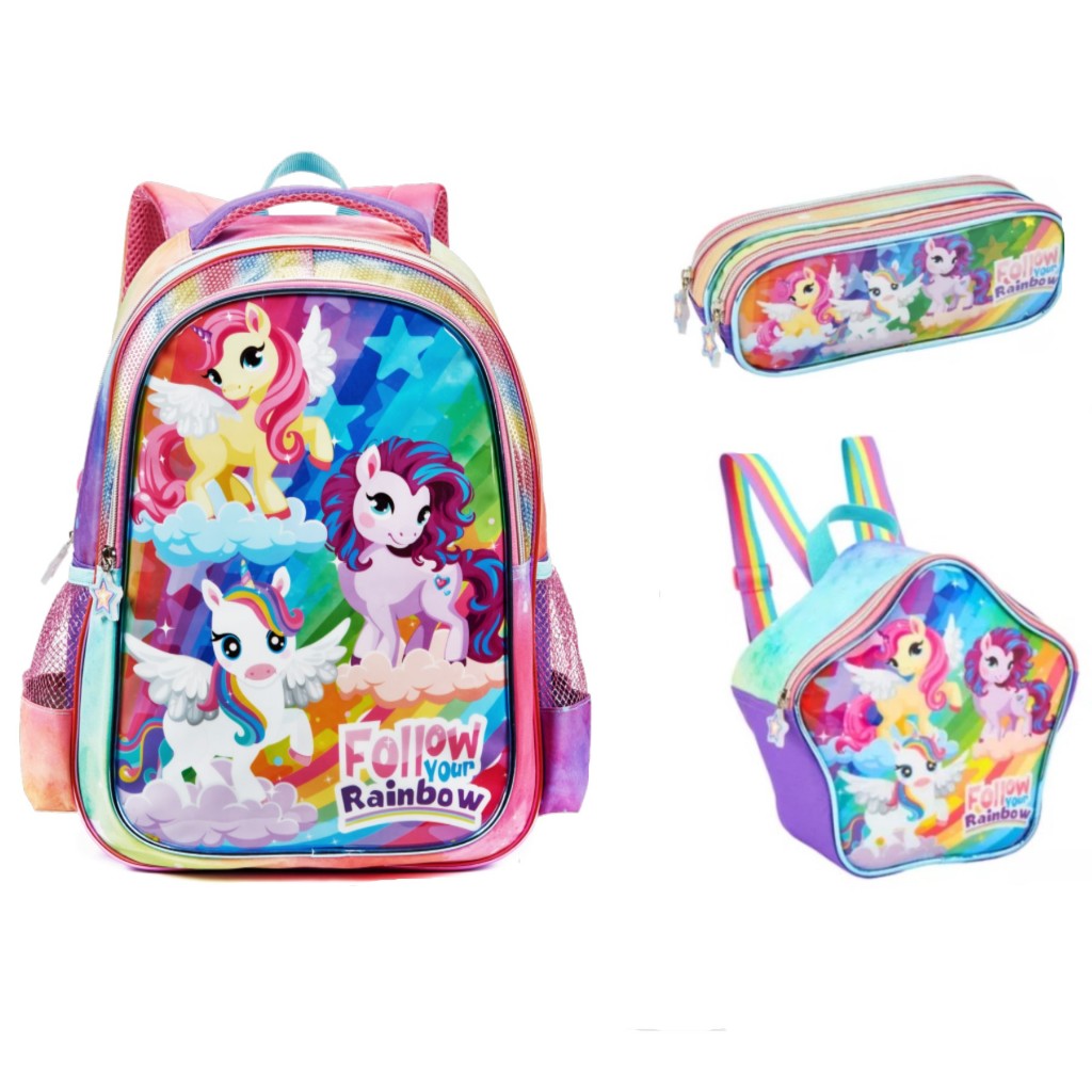 kit mochila de costa lancheira estojo unicornio top 2025 tamanho Grande escolar menina