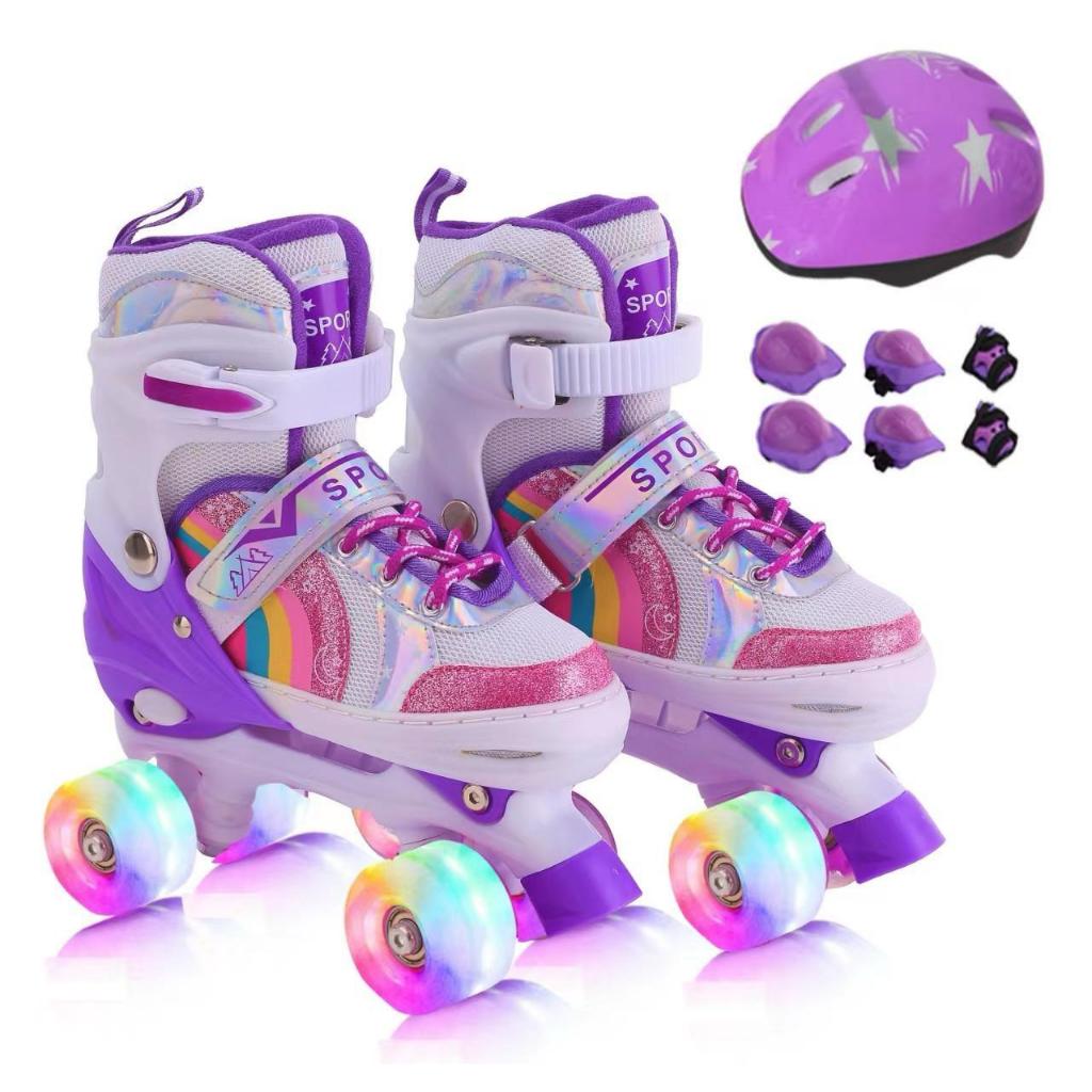 Patins 4 Rodas ARCO IRIS Com Luz De Led E Glitter Top Patins Com Kit Proteção Menina Menino Promoção