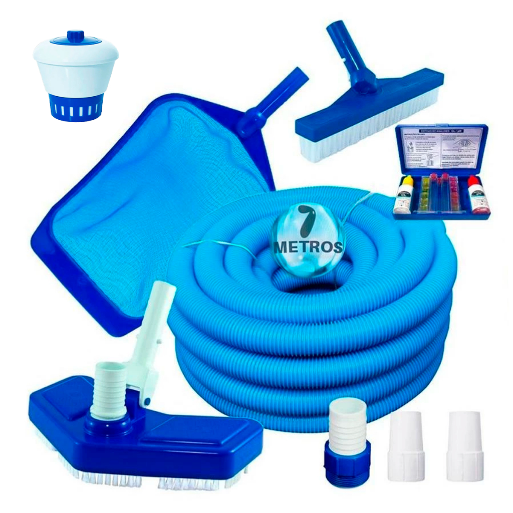 Kit Limpeza de Piscina 7m De Mangueira Teste Cl Ph + Clorador