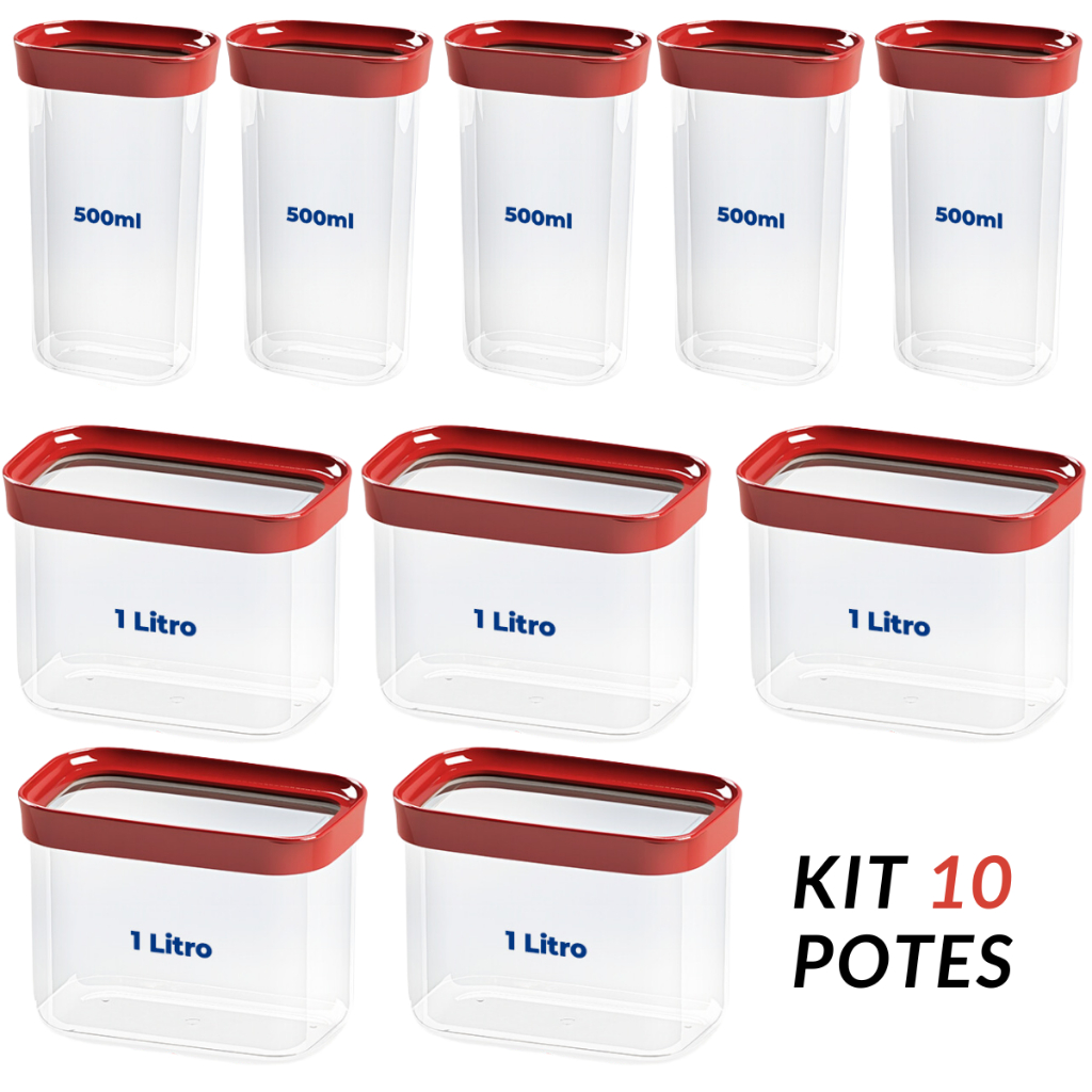 Kit Jogo 10 Potes Herméticos Ultra Vedação Empilhável P/ Alimentos Mantimentos Organização de Cozinha