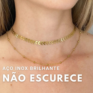 Kit Colar Bolinha Choker Dourado Colar Aço inoxidável não escurece Hipoalergênico Corrente feminina colar pétalas folha