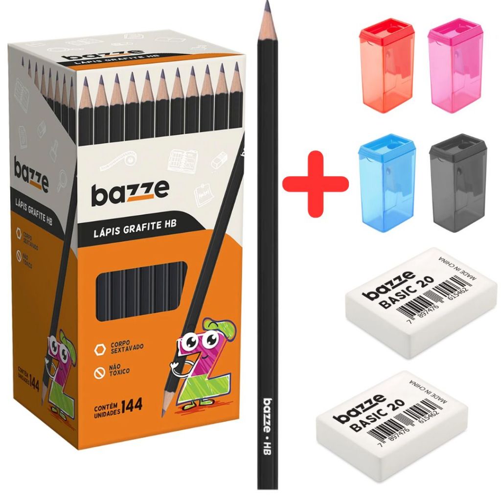 KIT 10 OU 15 LÁPIS + 4 BORRACHAS nº20 + 3 APONTADORES 4 CM