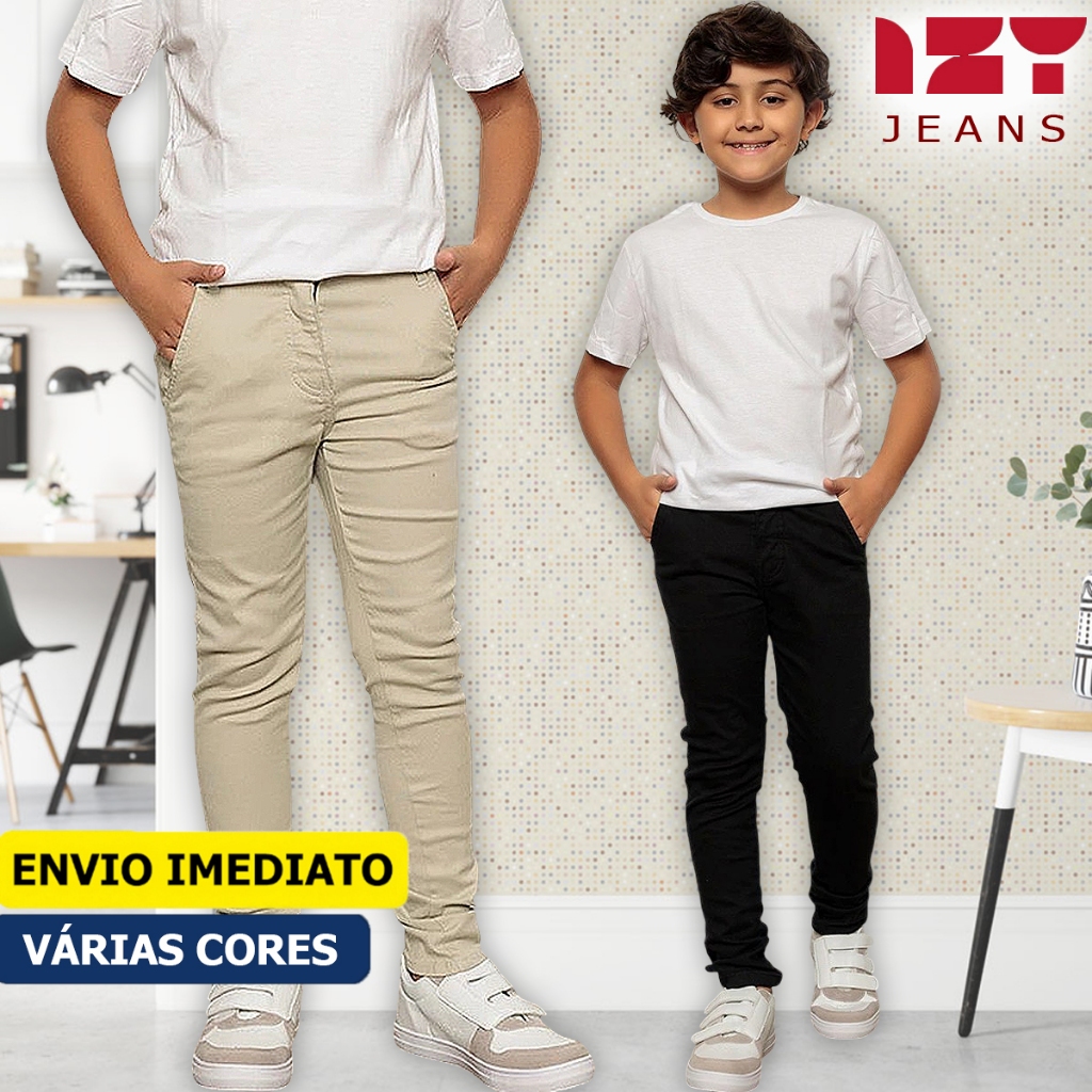 Kit 2 Calça Alfaiataria Infantil 2 ao 16 Esporte Social Bolso Elastano Alta Qualidade Slim Fit Sarja em Oferta na Shopee