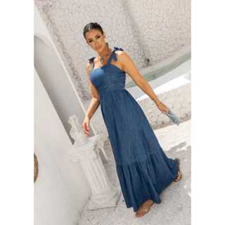 Vestido longo jeans Feminino Alça Amarração Elegante Casual em Oferta na Shopee