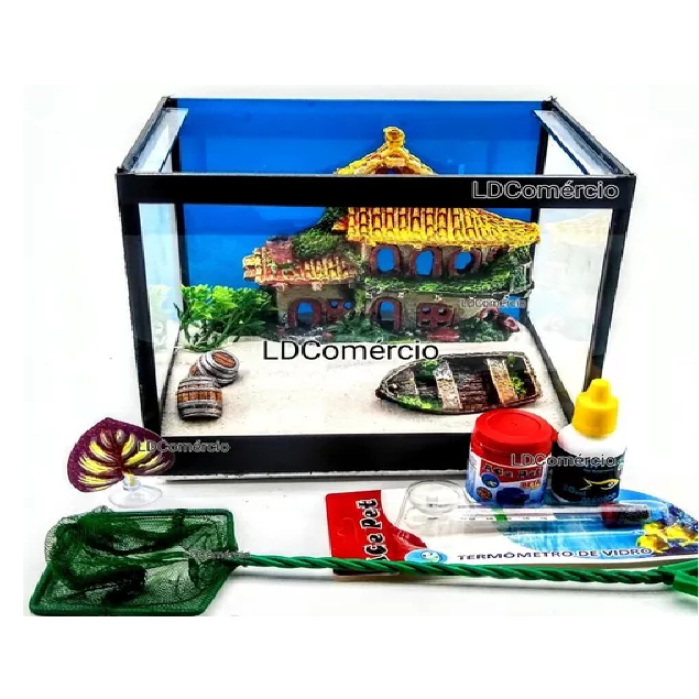 Kit Aquário Ariel Luxo Decorado Beteira Resina Plantas Acessórios