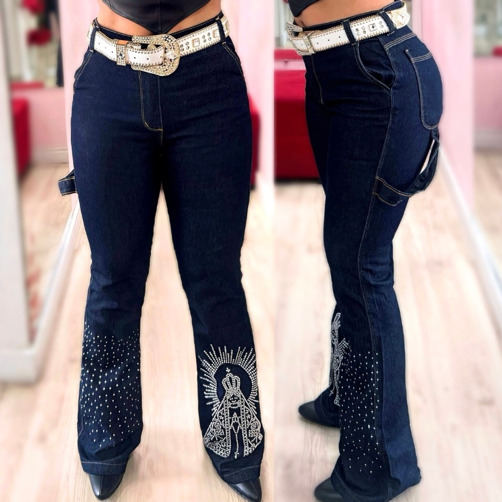 Calça Flare Carpinteira Jeans Feminina Country Rodeio Nossa Sra. Aparecida Cintura Alta Brilhos