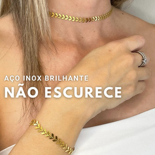 Kit Choker e Pulseira Dourado folhas Colar Aço inoxidável não escurece Hipoalergênico Corrente acessório colar feminino