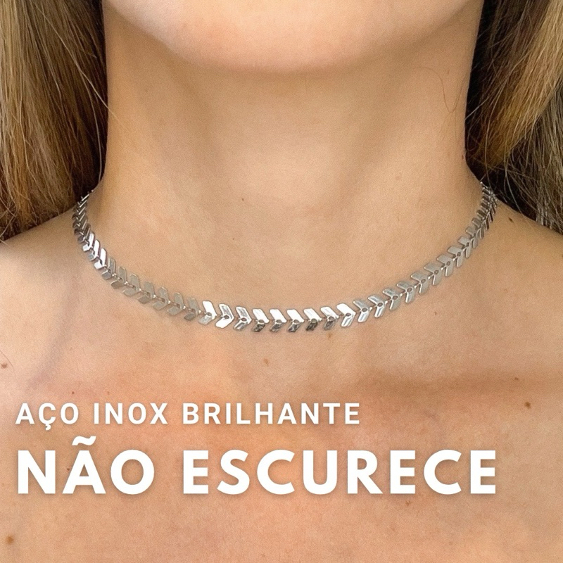 Choker Colar Aço inoxidável Prata Folha não escurece em Oferta na Shopee