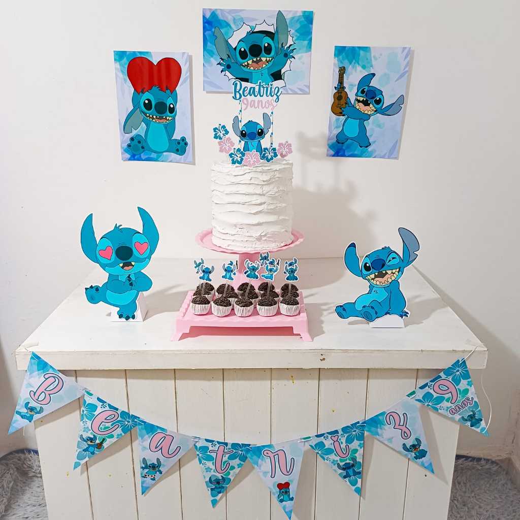 Kit Festa Stitch azul Personalizado Só Um Bolinho Festa em Casa Aniversário Infantil adulto Mesversário lembrancinhas