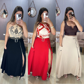 Saia Longa Alfaiataria Com Cinto Explusivo e Ziper Lateral em Oferta na Shopee