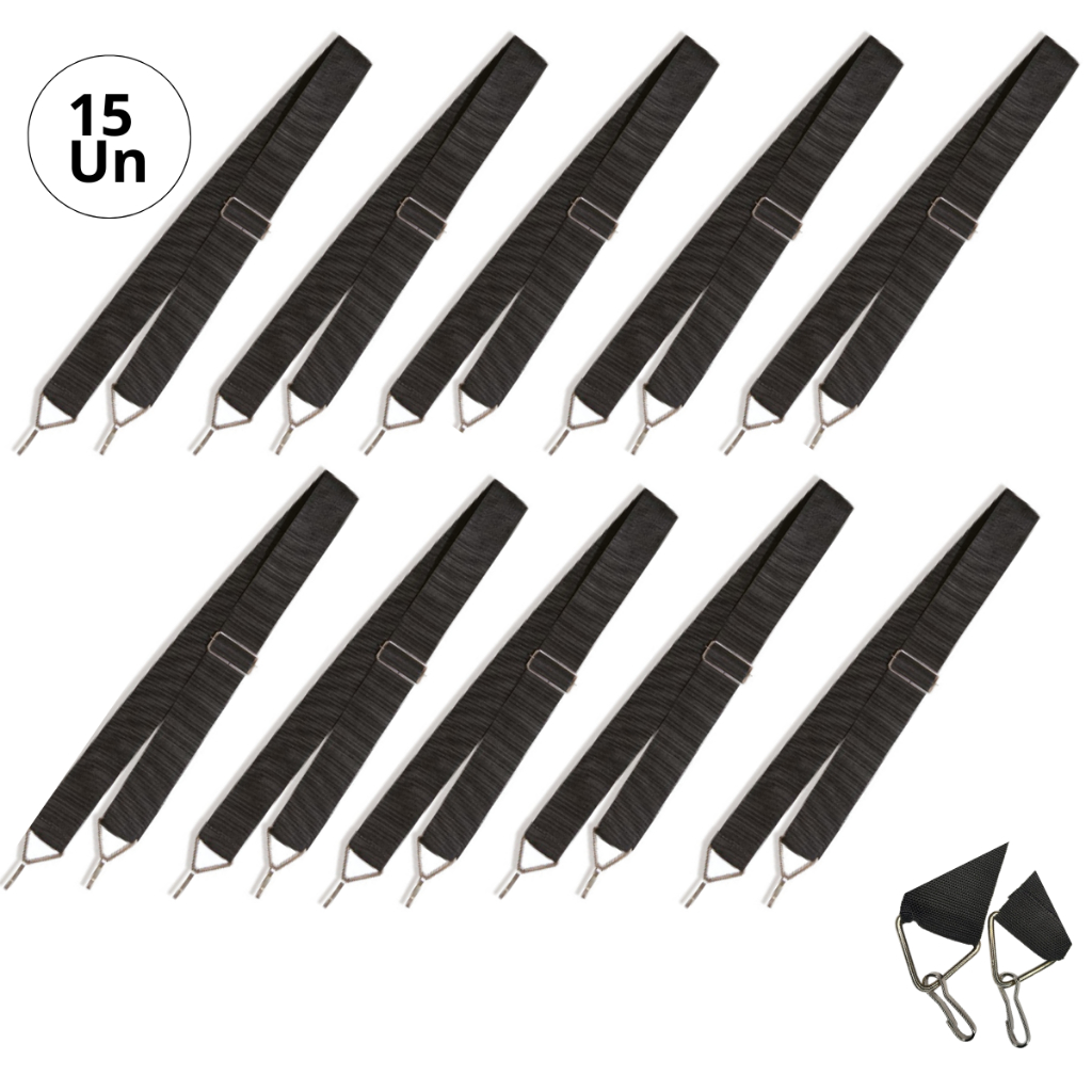 Kit 15 Talabartes Preto Para Bumbo Caixa Tarol Repique 02 Ganchos Banda Marcial Fanfarra