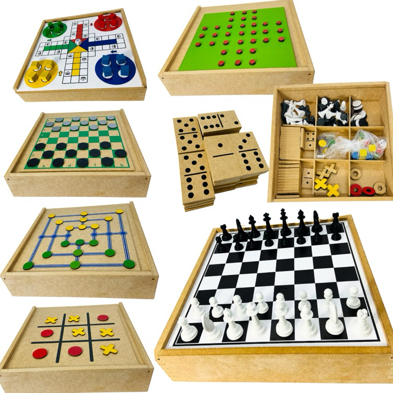Jogo Tabuleiro 7 em 1 Xadrez Dama Jogo da Velha Ludo Trilha Dominó Resta 1