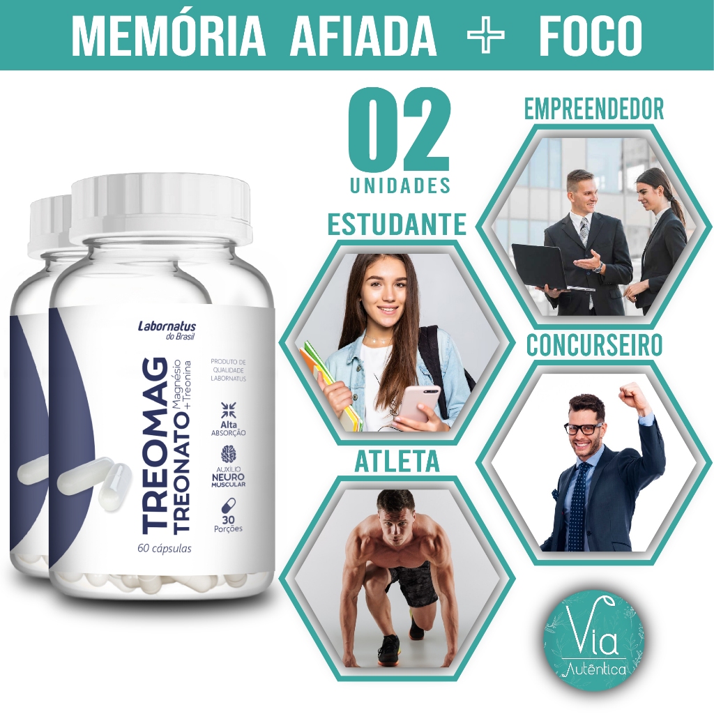 Treonato Magnésio kit 2 unidades  + Treonina Treomag l treonato 500mg 60 Cáps. Original Labornatus