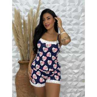 Pijama Feminino Adulto em Suede Short Doll Estampado em Oferta na Shopee