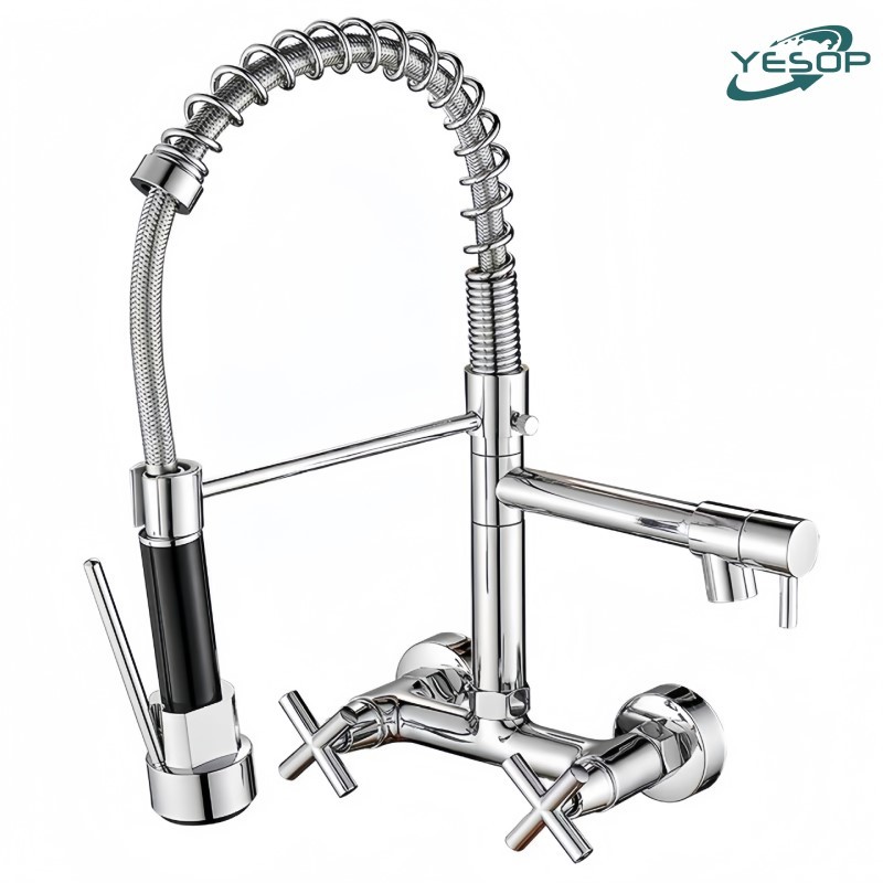 Torneira Cozinha Gourmet De Parede Controle Dupla Quente E Frio Cor Prata Brilhante Yesop - Home & Living