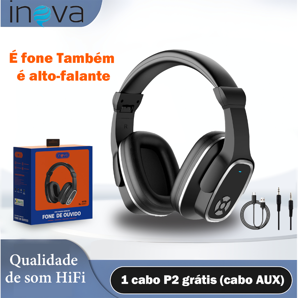 Inova headphone sem fio HiFi qualidade de som fone sem fio dobráveis bluetooth 5.3 alto-falante em Oferta na Shopee