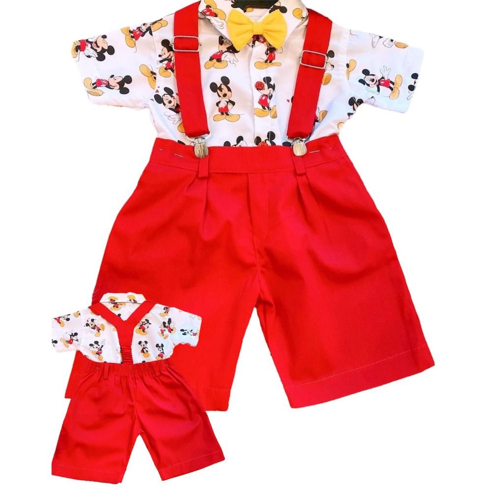Conjunto Social Infantil Temático Menino Mickey Short Suspensório Camisa e Gravatinha Festa Aniversário