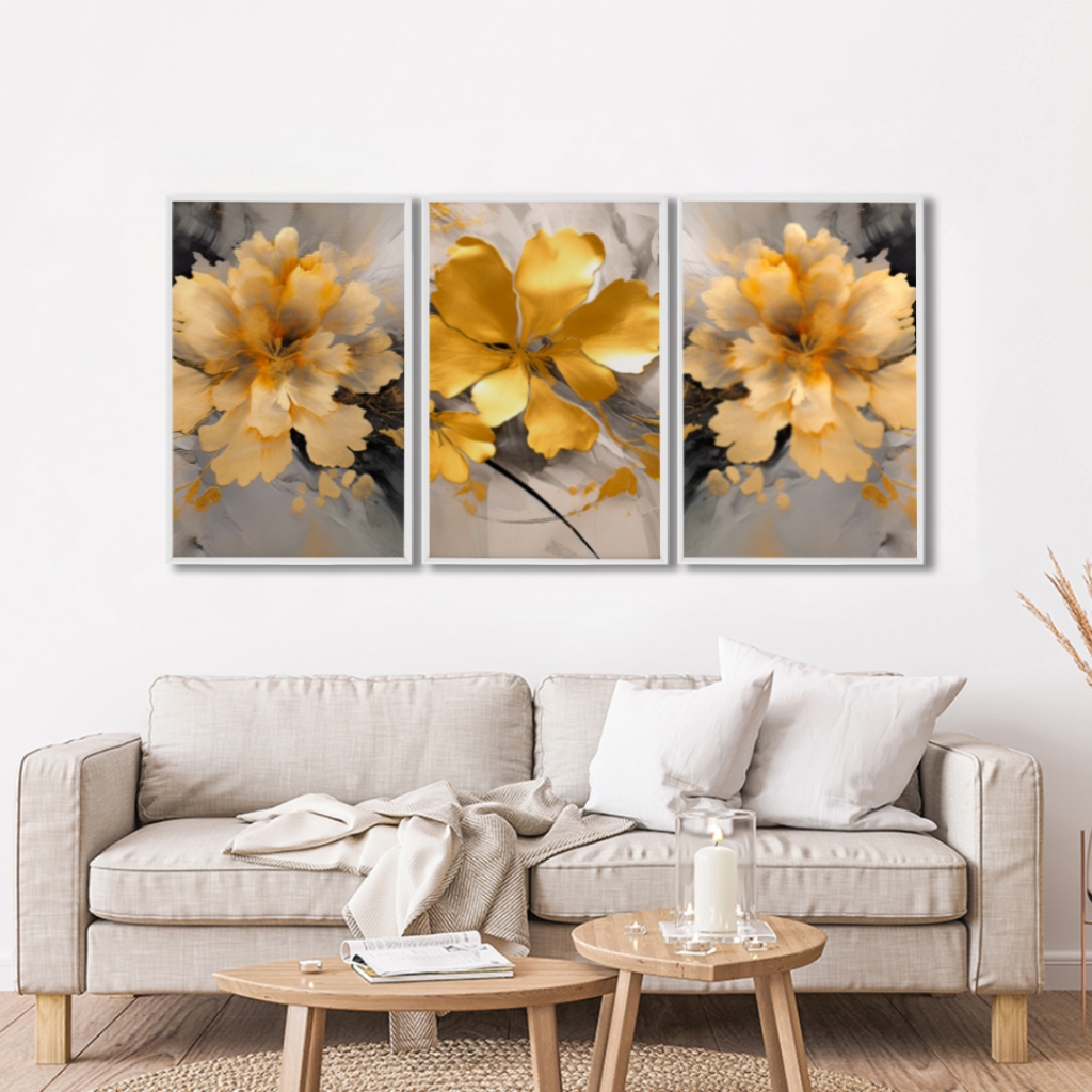 Quadro Decorativo Jardim de Outono Três Painéis em Harmonia Com Moldura em Oferta na Shopee