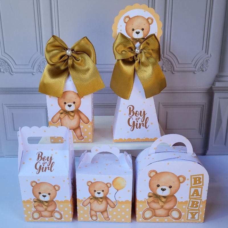Kit Festa Personalizados Chá Revelação Dourado Ursinho Neutro Chá de Bebê Lembrancinha Pegue e Monte